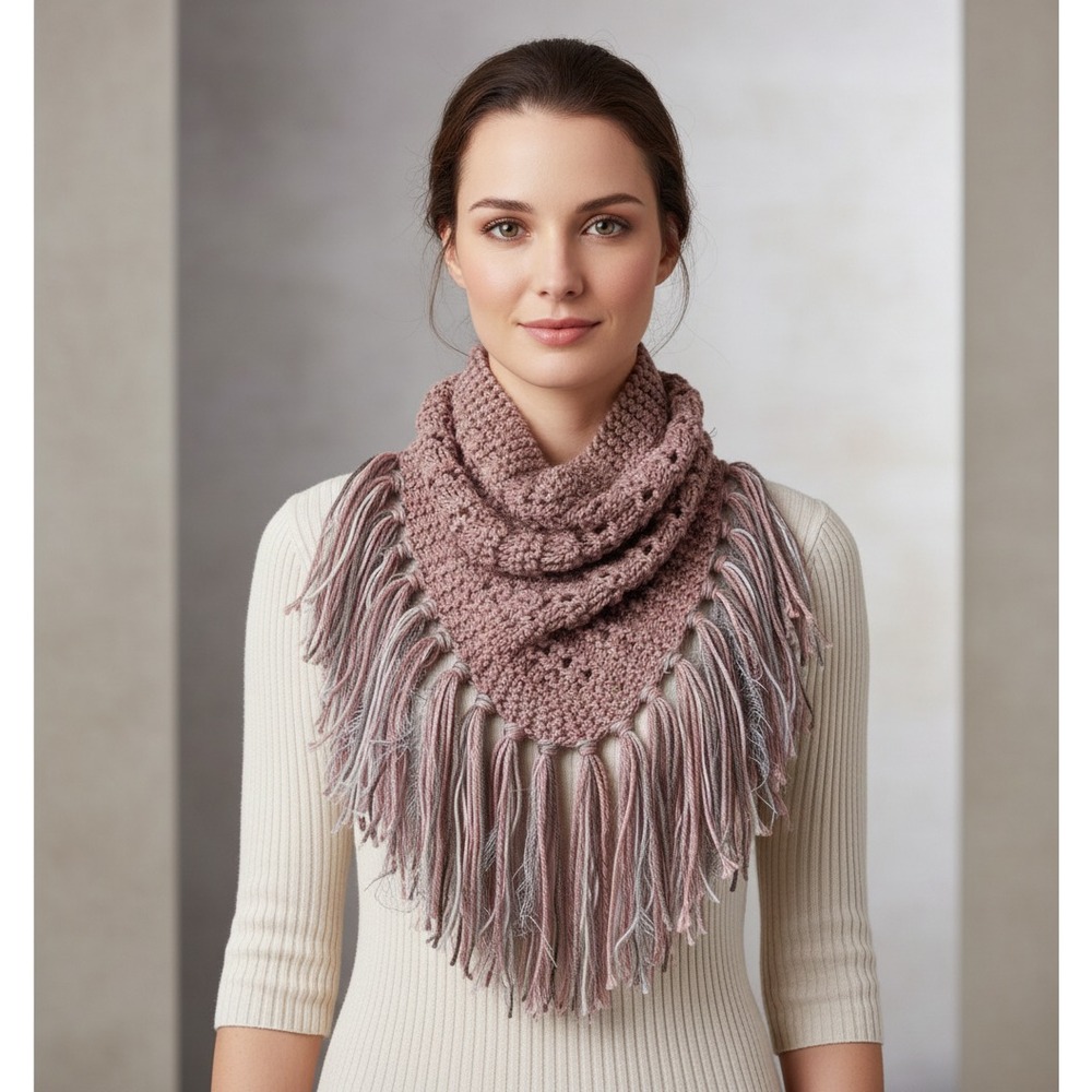 NEW Hand Knitted Pink Metallic Boho Cowl Scarf Fringe Coquette Fairy‎ Whimsy Art